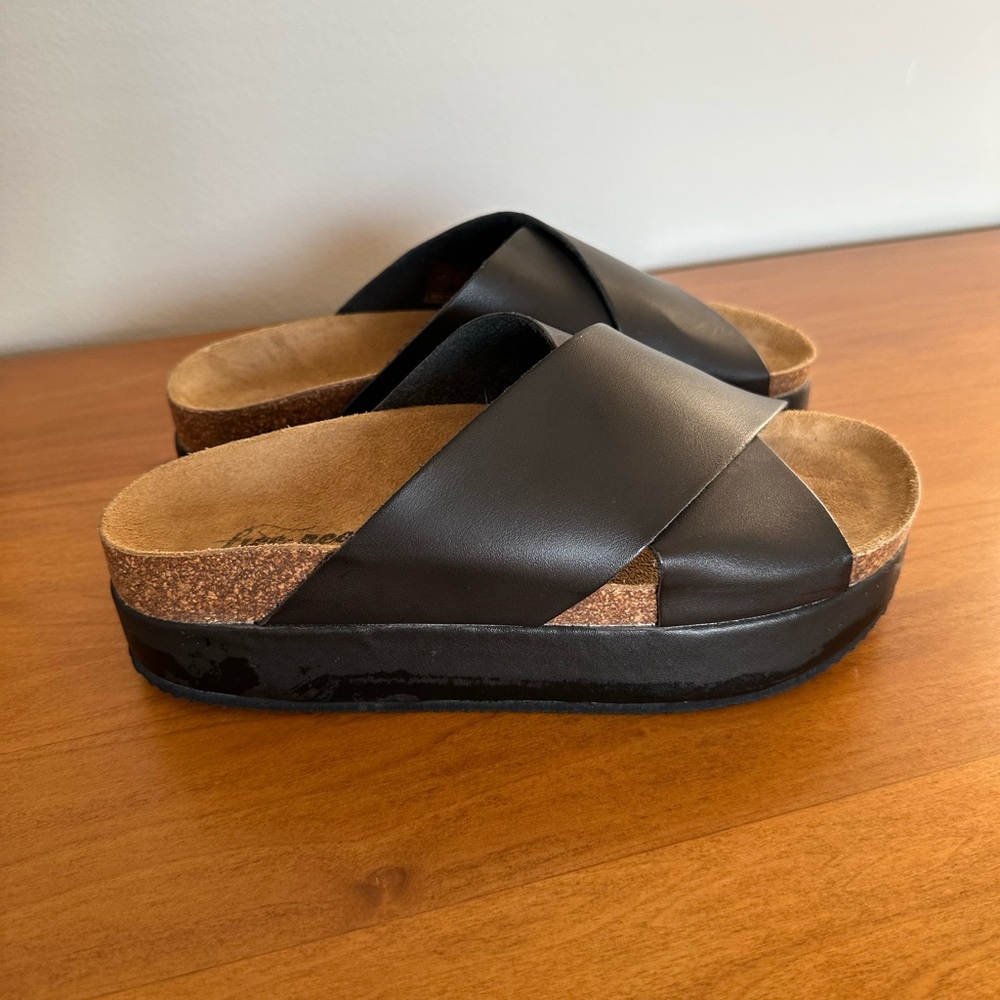Black Leather Flatform Platform Cork Comfort Sole Sandals Free People Sidelines